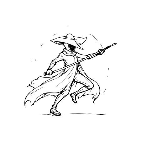 An ink drawing on white paper showing a cloaked character with a wide-brimmed hat wielding a staff, designed with bold lines and vintage art style.のイラスト素材