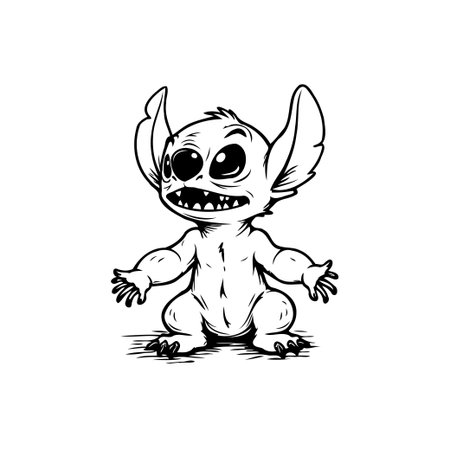 A cute cartoon alien character stitch illustration design. This features a charming hand-drawn with large ears and eyes and a sweet smile. An ideal image for children's products and creative projectsのイラスト素材