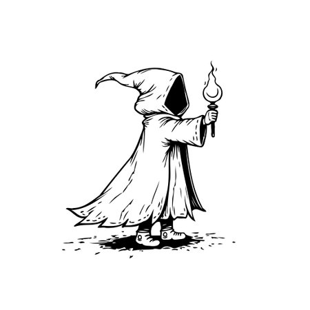 A hooded figure cloaked in darkness holds a torch, casting long shadows, creating a sense of mystery and intrigue, perfect for fantasy and horror themes.のイラスト素材
