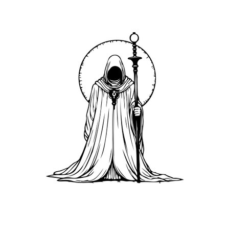 A monochrome illustration depicts a hooded figure holding a staff, shrouded in mystery, casting a spellbinding presence that evokes fantasy.のイラスト素材