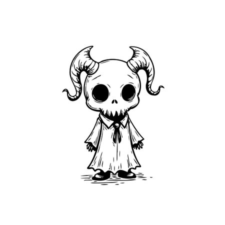 A cute, cartoonish demon skull character wearing a robe and tie is presented in a whimsical vector illustration. Suitable for gothic, spooky, and halloween-themed design projects.のイラスト素材