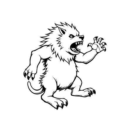 A black and white drawing of a fierce werewolf. This terrifying mythical beast, poised to strike, represents the horror and fantasy themes associated with folklore and the supernatural.のイラスト素材