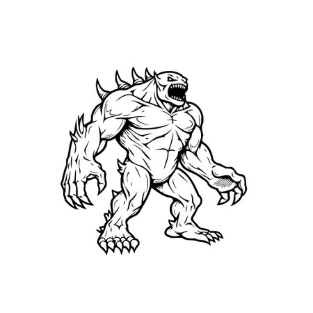 Illustration of a muscular humanoid monster with spikes, sharp teeth, and claws. The black and white design evokes a sense of danger and power.のイラスト素材