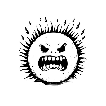 This illustration features an angry sun character with sharp, spiky edges and an intense expression, conveying a sense of extreme heat and danger in a graphic style.のイラスト素材