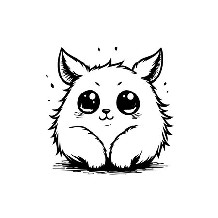 A charming illustration of a fluffy, cartoon cat with endearing big eyes, created in a clean, monochrome style, radiating cuteness and playfulness.のイラスト素材