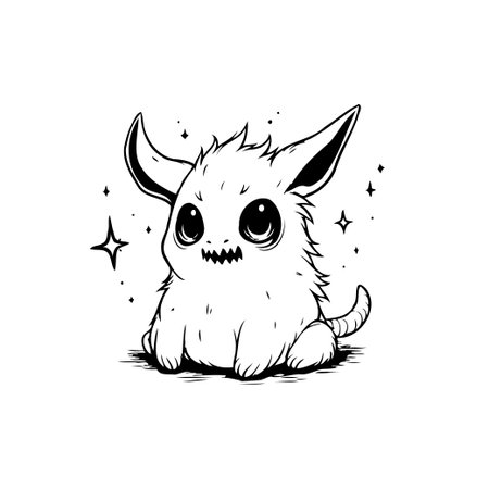 A cute, fluffy monster cartoon illustration with big eyes and small fangs, perfect for a fun and whimsical design.のイラスト素材