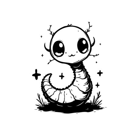 A whimsical black and white illustration of a cute fantasy creature with big eyes and a curly body creates lighthearted artwork.のイラスト素材