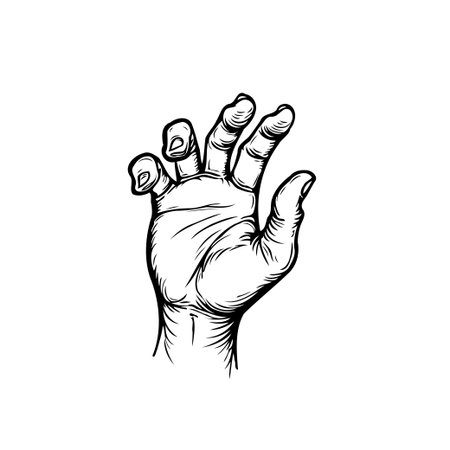 Detailed hand illustration reaching out, symbolizing grasping, assistance, support, or even a spooky horror gesture, captured with precision in a monochrome graphic art style.のイラスト素材