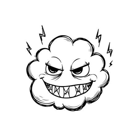 Illustration of an evil cloud cartoon character. The cloud has lightning bolts around it and a menacing expression, conveying negative emotions and attitude. Perfect for spooky or comic designs.のイラスト素材
