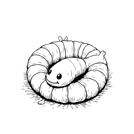 A cute, cartoon-style illustration of a worm curled in a circle on grass. The simple black and white drawing is perfect for kids.のイラスト素材