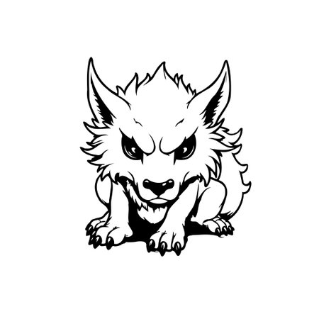 A monochrome cartoon illustration of an angry wolf cub, perfect for creating logos, t-shirt designs, or various digital artwork, capturing a playful yet fierce animal character.のイラスト素材