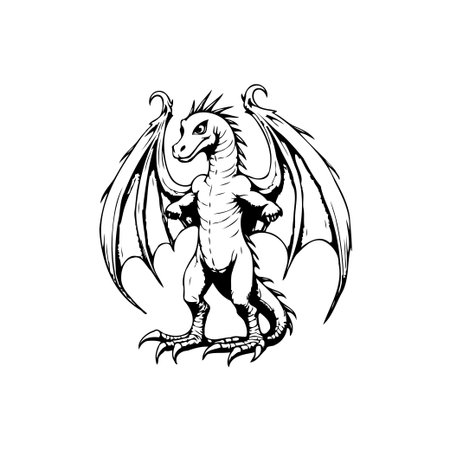 A black and white vector illustration of a dragon in a standing pose with wings spread, perfect for fantasy or mythological themed designs.のイラスト素材