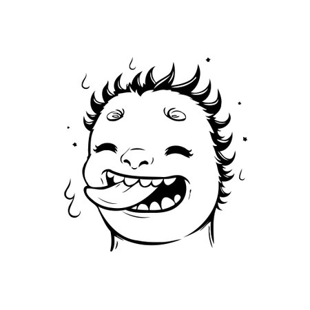 A whimsical monster face with an exaggerated expression, rendered in a bold black and white line art style. Playful and endearing design.のイラスト素材