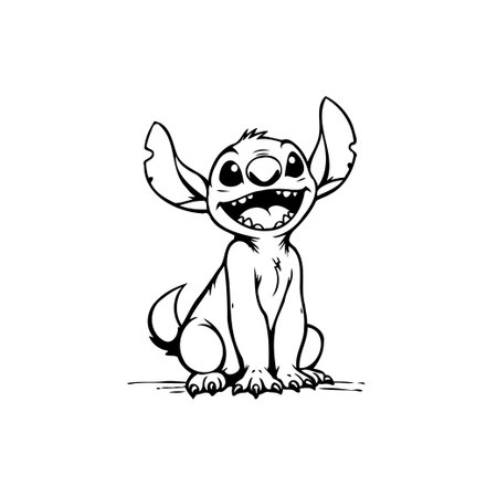 A delightful black and white illustration showcases a cheerful and playful stitch character with a wide smile, exuding a sense of joy and lightheartedness in its simplicity.のイラスト素材