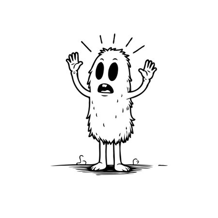 A furry, lovable monster expresses surprise with wide eyes and raised hands in a cute and simple black and white cartoon style.のイラスト素材