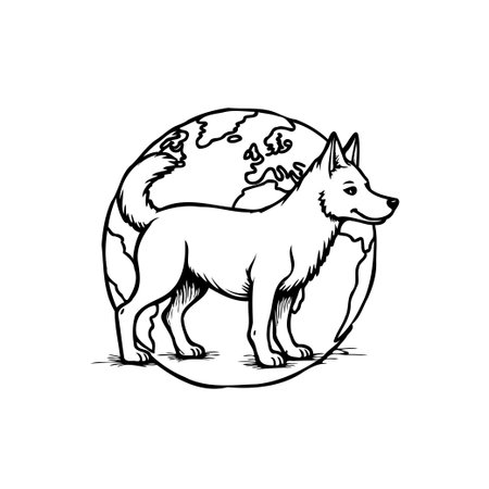 An ink drawing depicts a wolf standing proudly in front of an earth globe. This symbolizes wildlife conservation and awareness of our planet's ecosystem.のイラスト素材