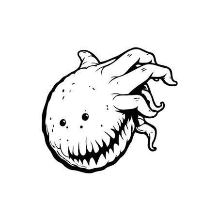 An illustration of a spooky creature with tentacles and sharp teeth, perfect for Halloween themed designs. The creature is drawn in a black and white cartoon style.のイラスト素材