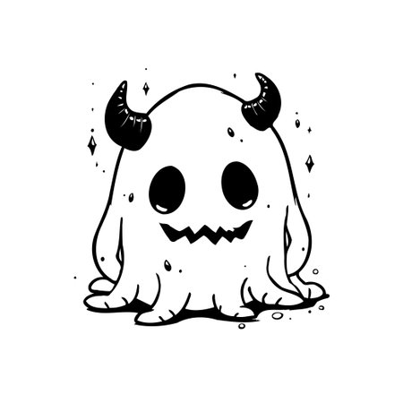 A charming and spooky illustration of a cute ghost with devil horns, perfect for Halloween designs, adding a whimsical and festive touch.のイラスト素材