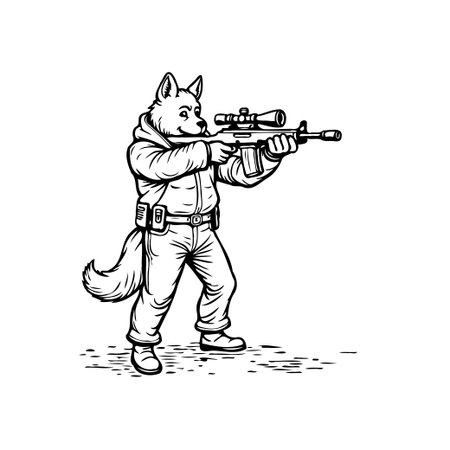A black and white illustration shows an anthropomorphic wolf character standing and aiming a sniper rifle. The wolf is dressed in tactical gear, creating a powerful and serious image.のイラスト素材
