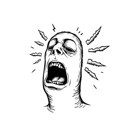 This illustration captures a person's intense emotional state through a scream, surrounded by chaotic elements suggesting inner turmoil and mental anguish, reflecting profound distress.のイラスト素材