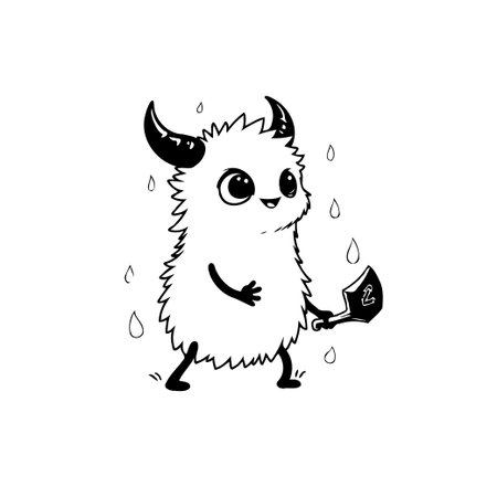 This adorable illustration features a cute monster with horns, enjoying a rainy day while holding a shovel, perfect for children's books or playful designs.のイラスト素材