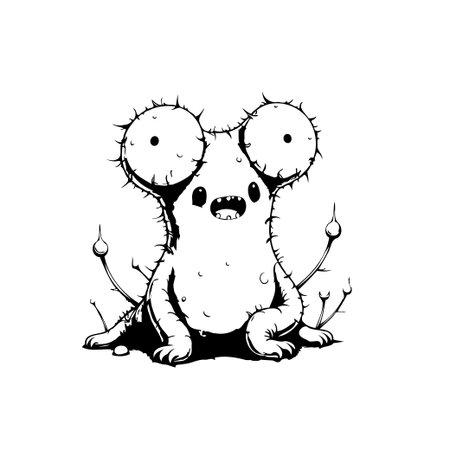 A cute and whimsical cartoon illustration features a spiky character with big, expressive eyes and a cheerful expression. This playful design would be perfect for children's books or fun graphic projects.のイラスト素材