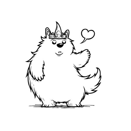 A cheerful cartoon king animal waving with a heart speech bubble. This adorable furry character illustration conveys happiness and kindness.のイラスト素材