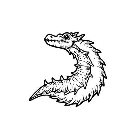 A detailed, monochrome illustration of a stylized dragon, showcasing its curved body, detailed scales, and fierce expression. Perfect for fantasy art or mythical creature designs.のイラスト素材
