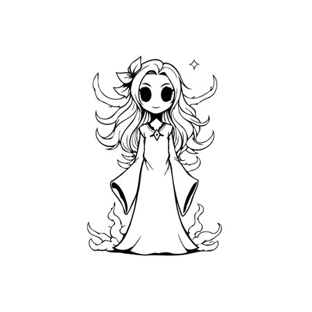 A delightful black and white cartoon illustration presents a cute sorceress character. She is surrounded by magical sparkles and ethereal smoke effects.のイラスト素材