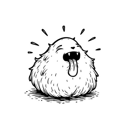 This illustration features a delightful fuzzy creature with its tongue sticking out, radiating happiness and humor. The black and white design adds a touch of whimsy to the cartoon style.のイラスト素材