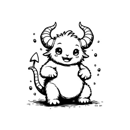 A delightful kawaii demon illustration. This cute, cartoonish character with large eyes, horns, and a devil tail is perfect for kids' books and fantasy designs.のイラスト素材