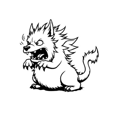 This image features a cartoon-style depiction of a snarling wolf with a fluffy tail and sharp claws. It conveys a sense of aggression and is suitable for various creative projects.のイラスト素材
