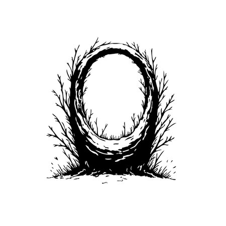 A captivating black and white illustration of a portal formed by entwined branches. Inviting viewers to step into a world of fantasy and mystery beyond the treeline.のイラスト素材