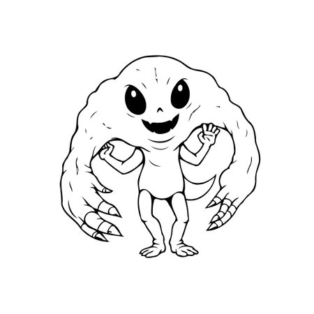 A cartoon illustration showcases an adorable alien creature with oversized hands and a friendly smile. The drawing is in black and white, creating a simple and eye-catching visual.のイラスト素材