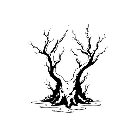A black and white illustration of a spooky, bare tree with twisted branches. It creates a spooky and mysterious atmosphere, suitable for halloween and autumn themed projects.のイラスト素材