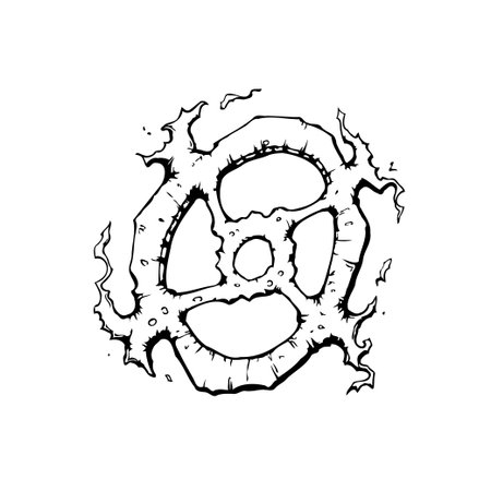 A black and white vector image presents an abstract gear wheel design adorned with flame-like details, perfect for representing technology or imaginative concepts.のイラスト素材
