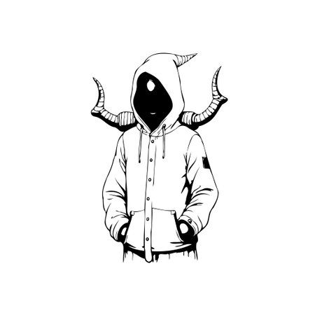 A digital illustration portrays a hooded figure with horns, set against a clean white background. This piece evokes a sense of mystery and intrigue, perfect for dark fantasy.のイラスト素材