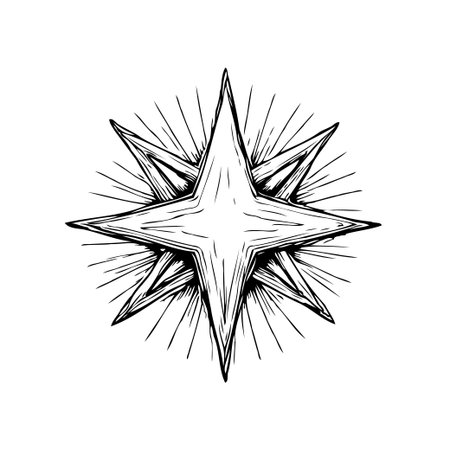 A monochrome illustration of an eight-pointed star, designed as a symbol with celestial and mystical qualities. Isolated on a white background, hand-drawn style.のイラスト素材