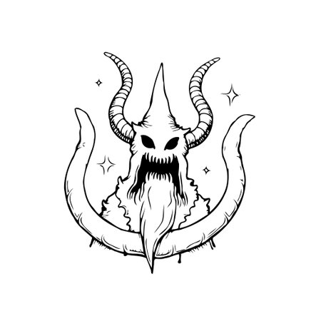 A spooky, black and white illustration of a horned monster with glowing stars. Perfect for horror-themed designs, Halloween promotions, or fantasy artwork. This drawing will make your project unique.のイラスト素材