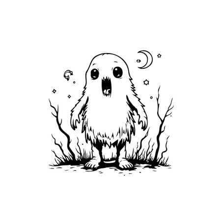A cute Halloween illustration featuring a friendly ghost expressing surprise under a starry night sky surrounded by spooky branches. Perfect for Halloween themes.のイラスト素材