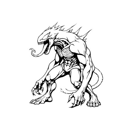 A black and white illustration of a menacing monster with sharp claws and teeth. Ideal for fantasy, horror, or gaming-related projects.のイラスト素材