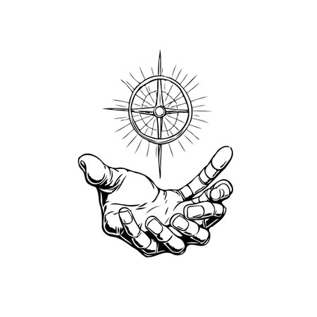 A stylized drawing depicts a hand holding a compass, symbolizing guidance and exploration. This minimalist art conveys themes of journey, direction, and the pursuit of success.のイラスト素材