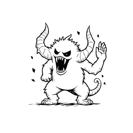 A cartoon illustration of a scary monster with horns and sharp teeth is isolated on a white background, perfect for creative projects.のイラスト素材