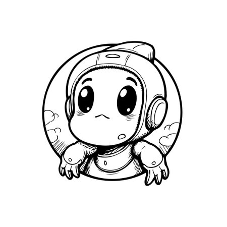 A cute cartoon astronaut with a helmet, floating in space surrounded by clouds. This whimsical illustration evokes dreams, adventure, and the exploration of the universe.のイラスト素材