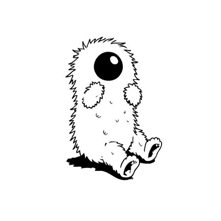 Black and white illustration of a fluffy, one-eyed creature sitting down. This cute and whimsical design is perfect for various creative projects, especially those targeting kids.のイラスト素材