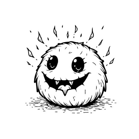 A cute, fluffy monster character with a friendly smile, drawn in a doodle style, perfect for Halloween and fun designs.のイラスト素材