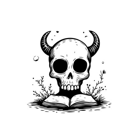 Whimsical illustration of a devil skull with horns resting upon an open book, ideal for Halloween, spooky themes, and fantasy projects. Its graphic style evokes dark storytelling.のイラスト素材