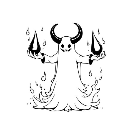 A spooky horned creature with tears and fire depicted in a surreal illustration style, perfect for halloween or fantasy themes.のイラスト素材