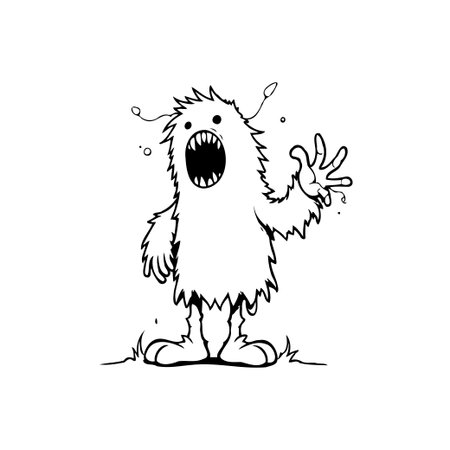 A cartoon vector illustration of a funny fuzzy monster character with an open mouth and raising one hand is perfect for Halloween or childish illustrations.のイラスト素材