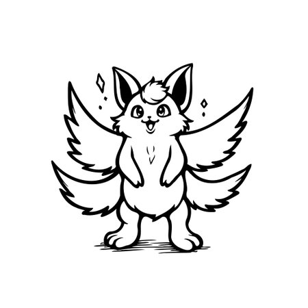 Charming illustration of a cute, nine-tailed fox with delicate wings radiating joy and magic, perfect for children's books, games, or fantasy-themed designs.のイラスト素材